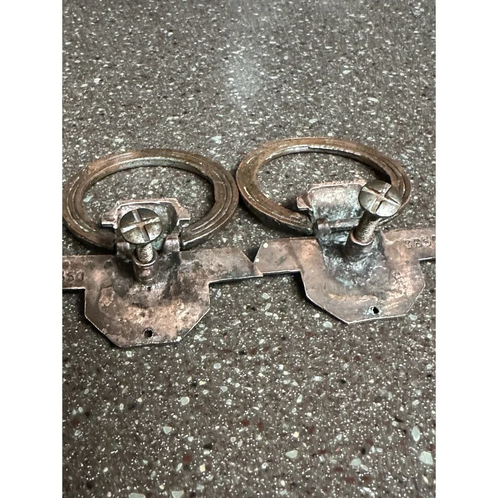 Antique Art Deco Ring Drawer Pulls Set of‎ 2 Copper Brass Tone Cabinet Hardware